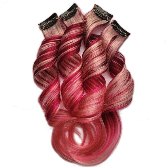 14 inch Candy Cane Red Pink Ombre Colored Clip in Remy Human Hair Extesions - Picture 2 of 3